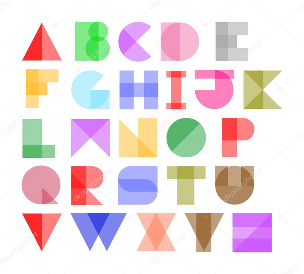A flat multi-coloured alphabet consisting of Geometric shapes, isolated on a white background.