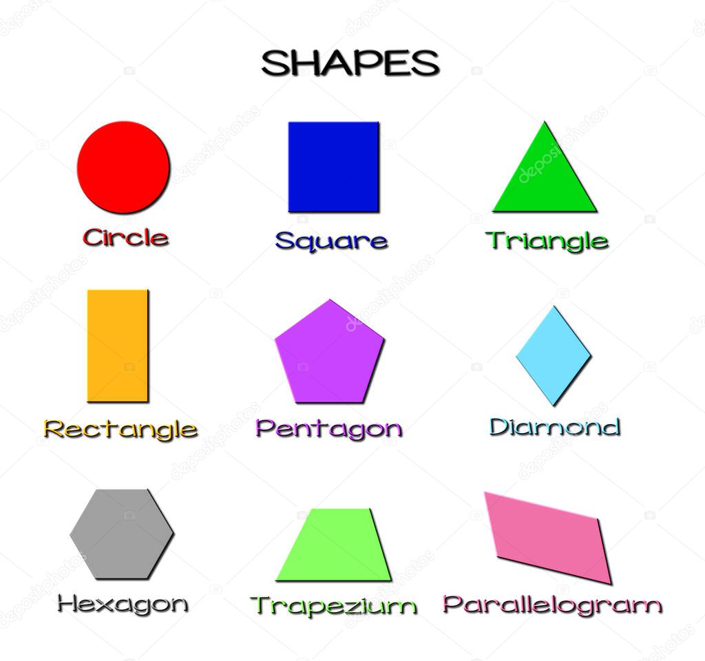 A set of 9 - 3D rendered illustrations of various different geometric shapes in different colours on a white poster background