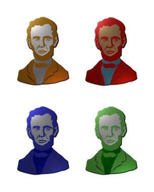 Abraham Lincoln 'ün beyaz arka planda izole edilmiş farklı metalik bitiş dokularına sahip 4-3 boyutlu çizimleri..