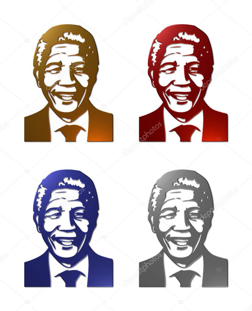 A set of 4 - 3D rendered illustrations of Nelson Mandela silhouettes in metallic textured finishes, isolated on a white background.