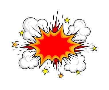 Alevler, bulutlar ve yıldızların beyaz arka planda izole bir şekilde patlamadan uçtuğu bir çizgi film patlamasının düz bir çizimi..