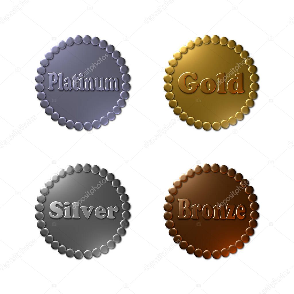 A set of 4 - 3D rendered illustrations of smooth metallic seals consisting of circles in platinum, gold, silver and bronze texture, isolated on a white background.