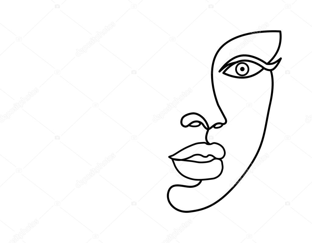 A line drawing of a female face in silhouette showing one eye, the nose and thick lips with ample copy space, isolated on a white background 