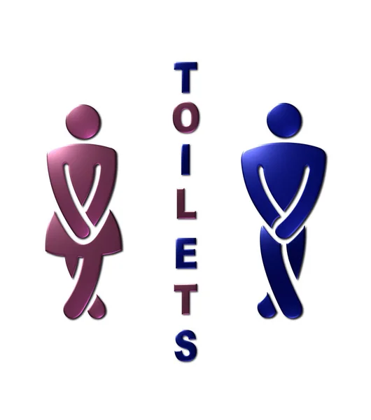 A 3D rendered illustration of a male and female toilet sign in a blue and pink metallic texture, isolated on a white background.
