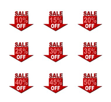 A set of 9 - 3D rendered illustrations of colourful labels offering a range of different discounts, isolated on a white background