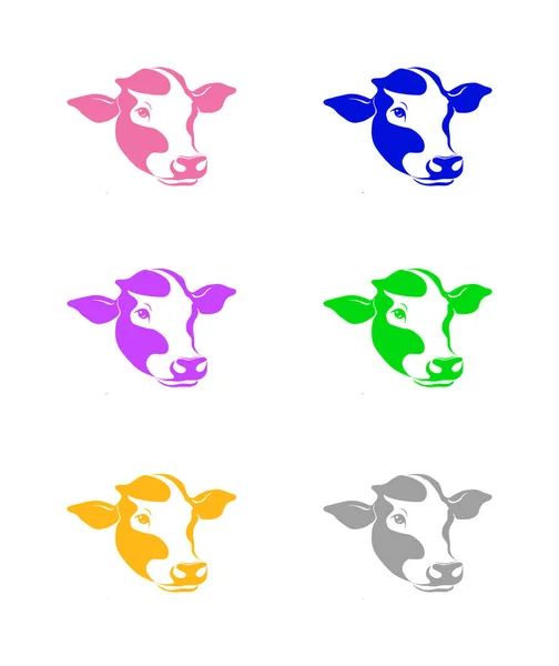 Set Flat Illustrations Cow Head Different Fun Colours Isolated White — Photo