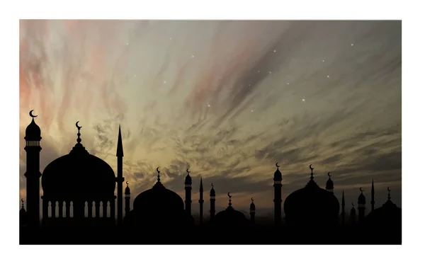 A flat illustration of mosques and minarets against an early night sky with some stars visible.