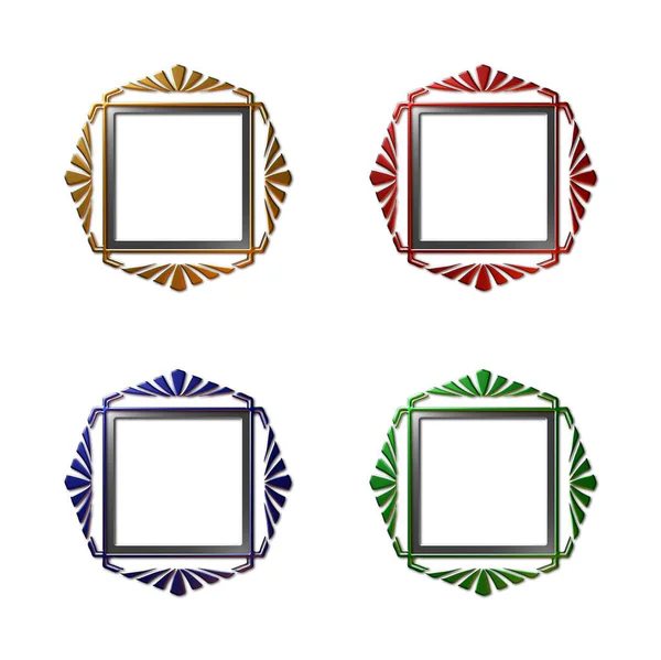 A set of 4 - 3D rendered illustrations of metallic picture frames in gold, red, blue and green, isolated on a white background