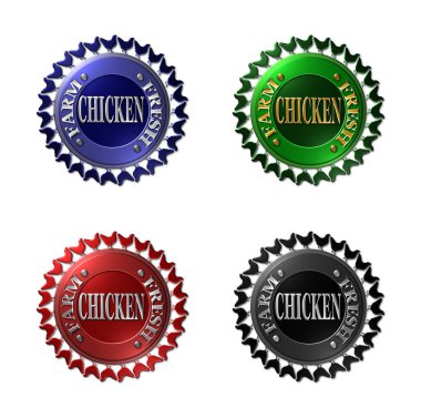A set of 4 - 3D rendered illustrations of metallic textured seals for Farm Fresh chicken products. isolated on a white background 