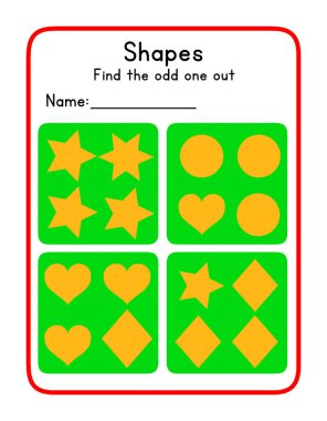 An educational worksheet for kindergarten children, teaching them to find the shape that is the odd one out.