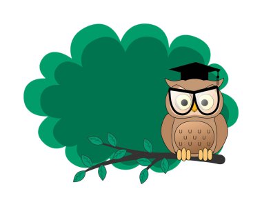 A flat illustration of a back-to-school owl perching on a branch, with lots of copy space, Isolated on white