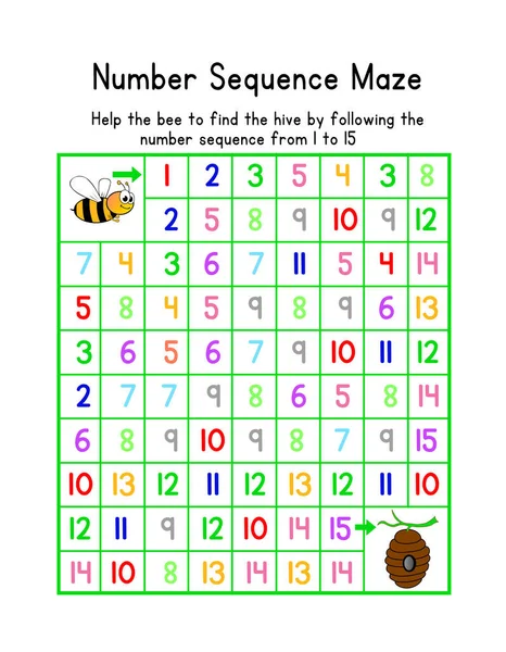 A flat illustration of an educational number maze for small kids to learn then number sequence 1 to 15 while playing a game, with a bee and hive theme.