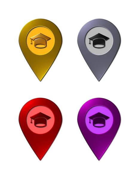 A set of 4 - 3D rendered illustrations of education institution location pins in metallic texture finishing, isolated on a white background.