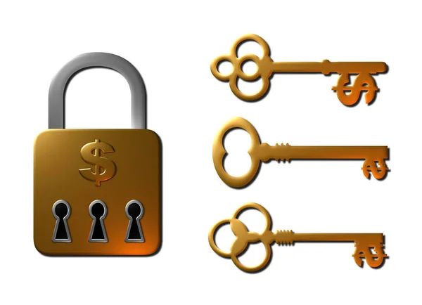 A 3D rendered illustration of a money lock with its 3 unique keys in metallic gold and platinum textured finish, isolated on a white background