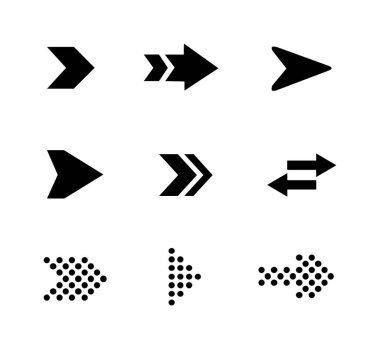 Beyaz arka planda izole edilmiş 9 düz siyah ok seti..