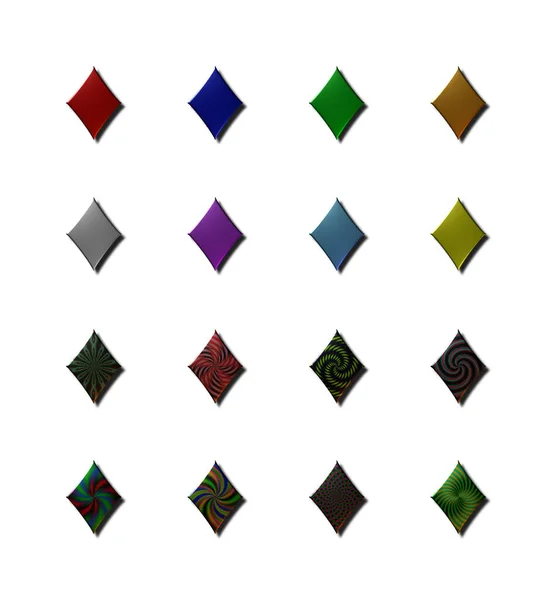 Farklı renkte, metalik desenli elmas desenli, beyaz bir arka planda izole edilmiş 16-3D çizimler.