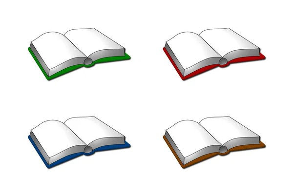 異なる色のハードカバーを持つ開いている本の3Dレンダリングされたアイソメトリック図面のセットは 白い背景に隔離されました — ストック写真