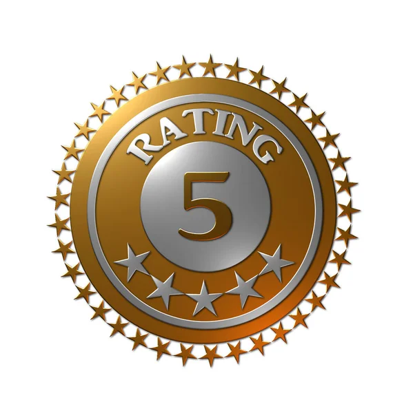 A 3D rendered illustration of a gold and platinum seal for a 5-star rating award, isolated on a white background