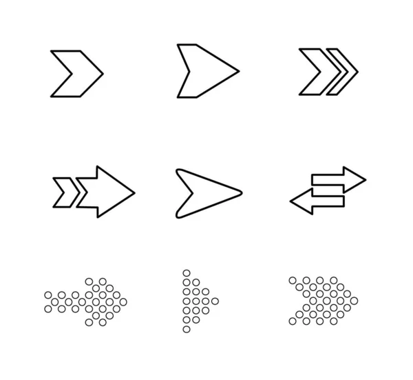 A set of 9 arrow outlines of different designs, isolated on a white background.