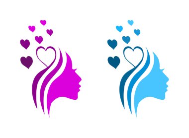 Mor ve mavi tonlarda saçları olan, beyaz bir arka planda izole edilmiş, kalpler yayılan, modern kıvrımlı genç bir kızın yan silüetinin düz bir çizimi..