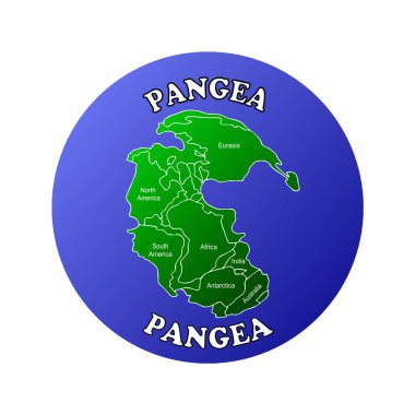 Paleozoik dönemin sonlarında ve Mesozoik dönemin ilk dönemlerinde var olan Pangea süperkıtasının beyaz bir arka planda izole edilmiş düz bir çizimi.