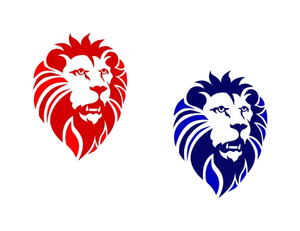 Kırmızı ve mavinin altın tonlarında, beyaz bir arka planda izole edilmiş iki düz aslan başı çizimi.