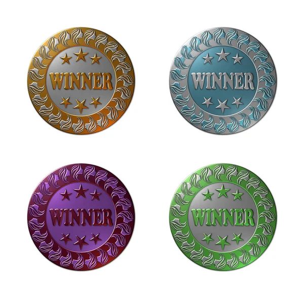 A set of 4 - 3D rendered illustrations of metallic textured seals in gold and platinum finish with red, green and blue components, isolated on a white background.