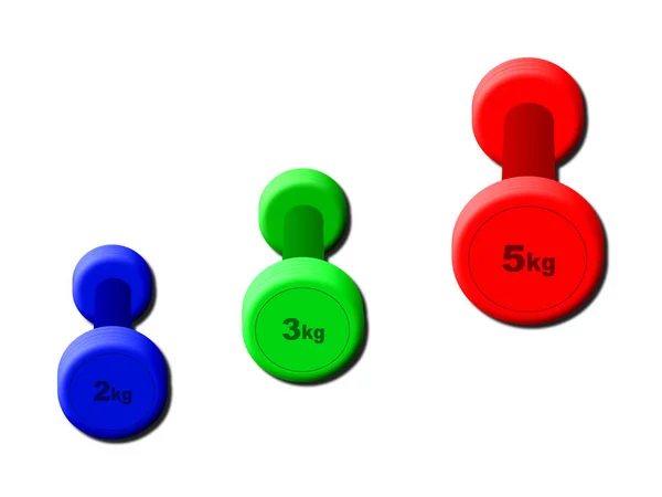 白い背景にそれぞれ2 5キログラムの3つの異なる重みの色のダンベルの3Dイラストのセット — ストック写真