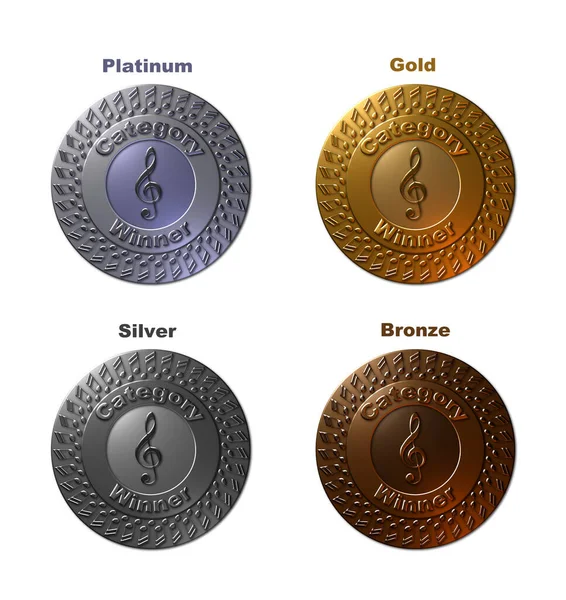 4-3 boyutlu bir set, beyaz bir arka planda izole edilmiş, platin, altın, gümüş ve bronzdan oluşan metalik dokularda müzik kategorisi birincisi madalyalarının resimlerini yaptı..