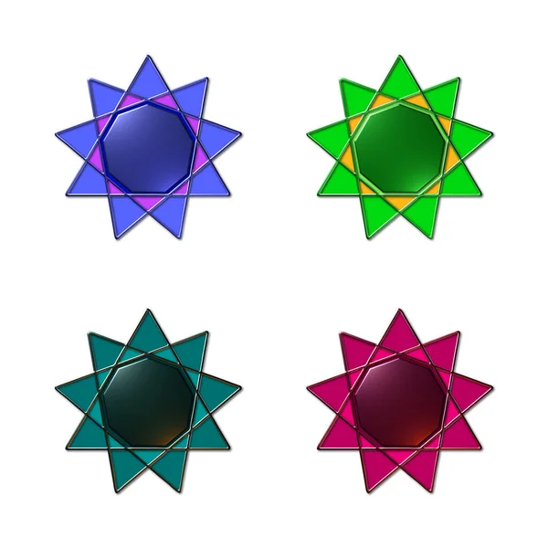 一组4 3D的彩色金属纹理合成九角星的图解 在白色背景下分离 — 图库照片