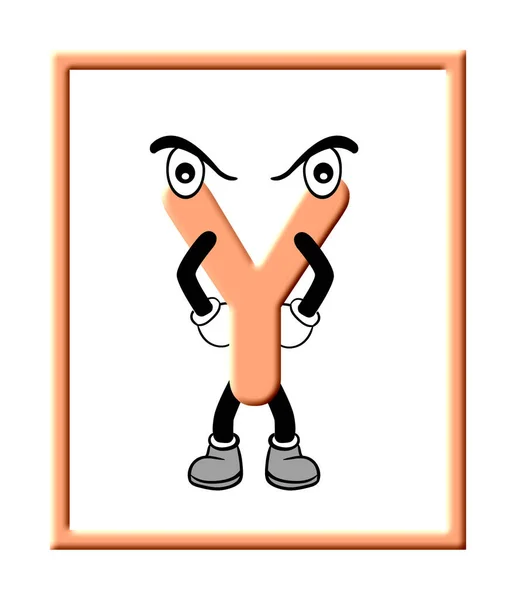 一个用动画的眼睛 手和脚装饰的字母Y的3D图形 在一个框架中 用白色背景隔开 — 图库照片