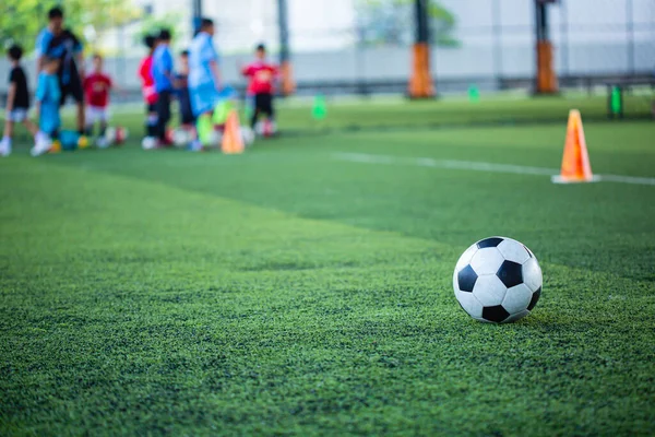 Soccer ball tactics cone on grass field with for training background