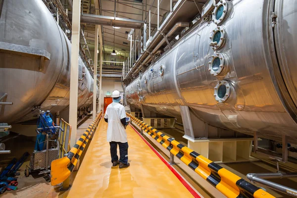 Mannelijke Werkinspectie Proces Melkpoederkelder Met Horizontale Roestvrijstalen Tanks Fabriek Rechtenvrije Stockfoto's