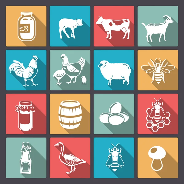 Ícones de animais de fazenda em projeto plano — Vetor de Stock