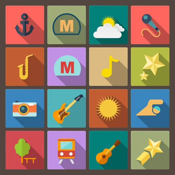 Conjunto de dieciséis iconos de entretenimiento en estilo de diseño plano — Vector de stock