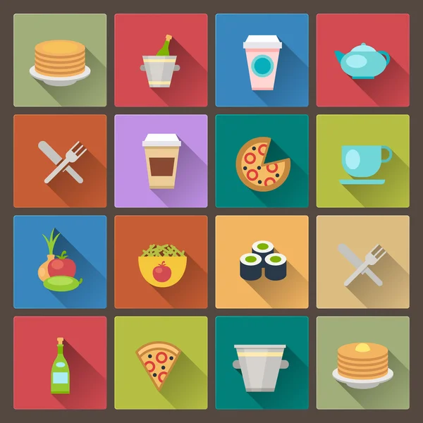 Conjunto de iconos de bebidas y alimentos en estilo de diseño plano — Vector de stock