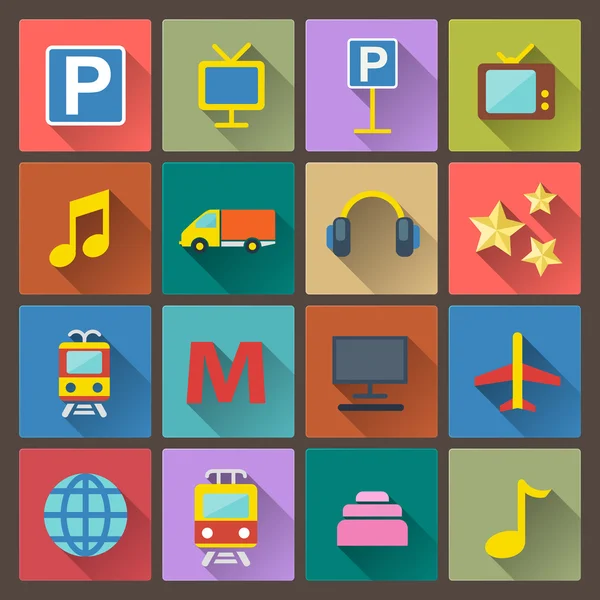 Conjunto de iconos de transporte y entretenimiento de diseño plano — Vector de stock