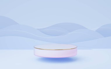 Boş cam silindir podyum şeffaf cam üzerinde, mavi dalga arka planda. Soyut Pastel Stüdyo 3D geometrik şekil. Ürün tasarımının gösterimi için maket alanı. Kağıt kesim stili. 3d hazırlayıcı.