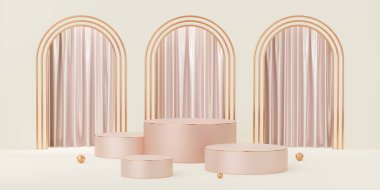 Bej kemer ve perde arkasında altın kenarlı 4 adet Eski Gül Silindir Podyumu. Yaya ve beyaz, bakır kenarlı reklam panosu. Ürün tasarımının gösterimi için maket alanı. 3d hazırlayıcı.