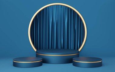3 boş mavi ve siyah silindir podyum, bakır kenarlı altın daire kemer ve perde arkaplan. Soyut, stüdyo geometrik şekil nesnesi. Gösterim için yaya maketi alanı. 3d oluşturma.