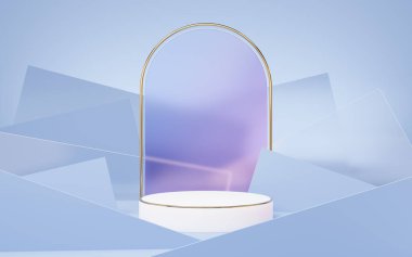 Mavi pastele karşı altın çerçeveli boş beyaz mermer mermer silindir podyum, cam duvar arka planı. Yaya pasteli, en az geometrik gösteri modeli. Ürün tasarımı için bir aşama. 3d hazırlayıcı.