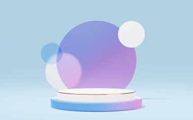 Cam kemer dairesi arka planında altın kenarlı boş mermer mermer silindir podyum. Soyut minimum stüdyo 3d geometrik şekil nesnesi. Ürün tasarımının gösterimi için maket alanı. 3d oluşturma.