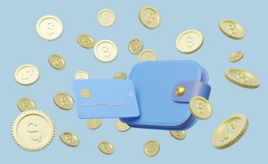 Altın madeni para, cüzdan ve kredi kartı, mavi arka planda uçmuş. Mobil bankacılık ve Çevrimiçi ödeme servisi. Para tasarrufu ve iş dünyası finansal konsepti. 3d hazırlayıcı.