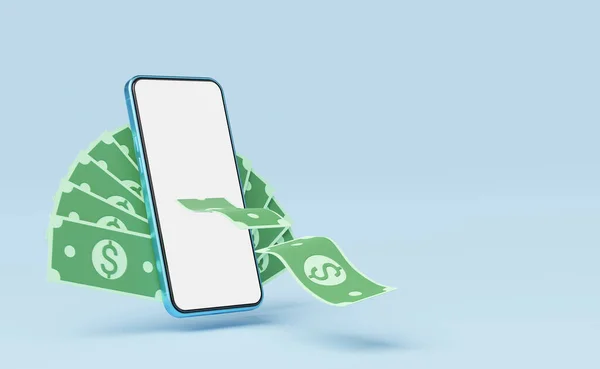 Bargeld Flog Aus Einem Telefon Das Auf Blauem Hintergrund Schwebte — Stockfoto
