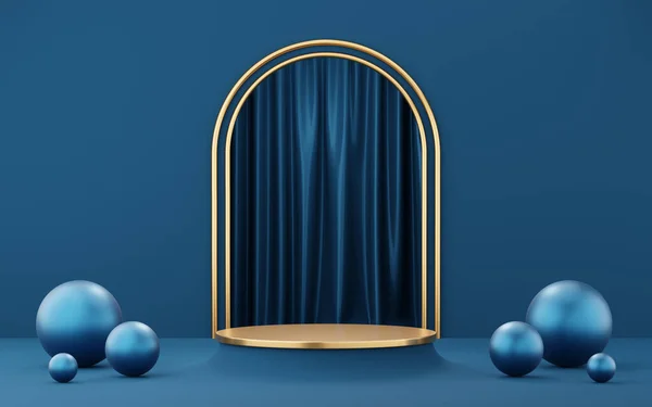 Leeres Goldenes Zylinderpodest Mit Blauer Kugel Auf Bogenrohr Und Vorhanghintergrund — Stockfoto