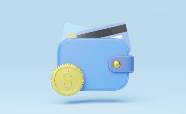 Arka kredi kartı cüzdana, bozuk para arabası mavi arka planda. Mobil bankacılık ve Çevrimiçi ödeme servisi. Dijital pazarlama, E ticareti. Para biriktiriyorum. Hızlı ve kolay bir alışveriş mağazası. 3d hazırlayıcı