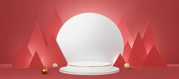 Пустой Белый Цилиндр Подиум Золотой Каймой Красном Треугольнике Круговом Фоне — стоковое фото