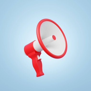 3d beyaz, kırmızı megafon mavi arkaplanda kopyalanmış. Çevrimiçi dijital piyasa, e ticaret, uygulama konsepti. Satılık reklam afişi. İş çizgi film tarzı konsept. 3d simge oluşturucu