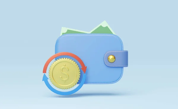 Cash money into wallet, coin, red transfer arrows icon float on blue background. Mobile banking and Online payment. Cash back and refund. Currency exchange. Saving money wealth concept. 3d rendering.