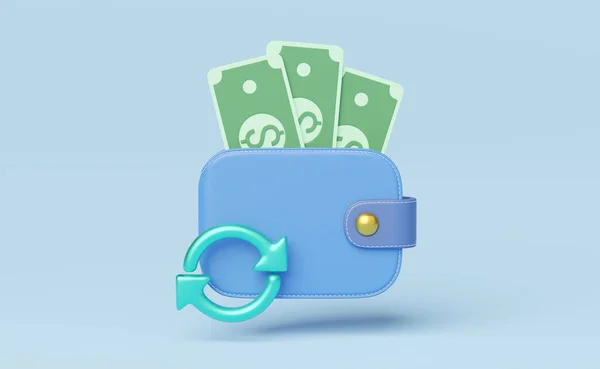 財布にお金を現金化し 緑の転送ラウンド矢印アイコンは青の背景に浮かぶ モバイルバンキングとオンライン決済 キャッシュバックと払い戻し 富の概念を救う 3Dレンダリング — ストック写真